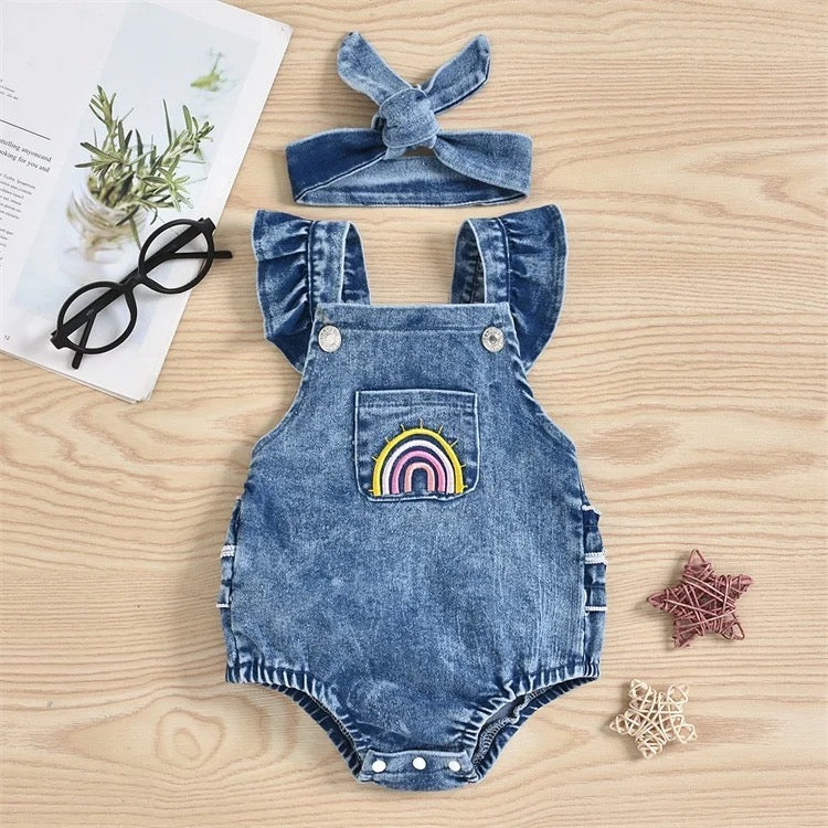 Baby Girl Denim Romper with Rainbow Embroidery and Headband