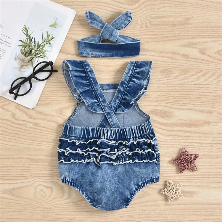 Baby Girl Denim Romper with Rainbow Embroidery and Headband